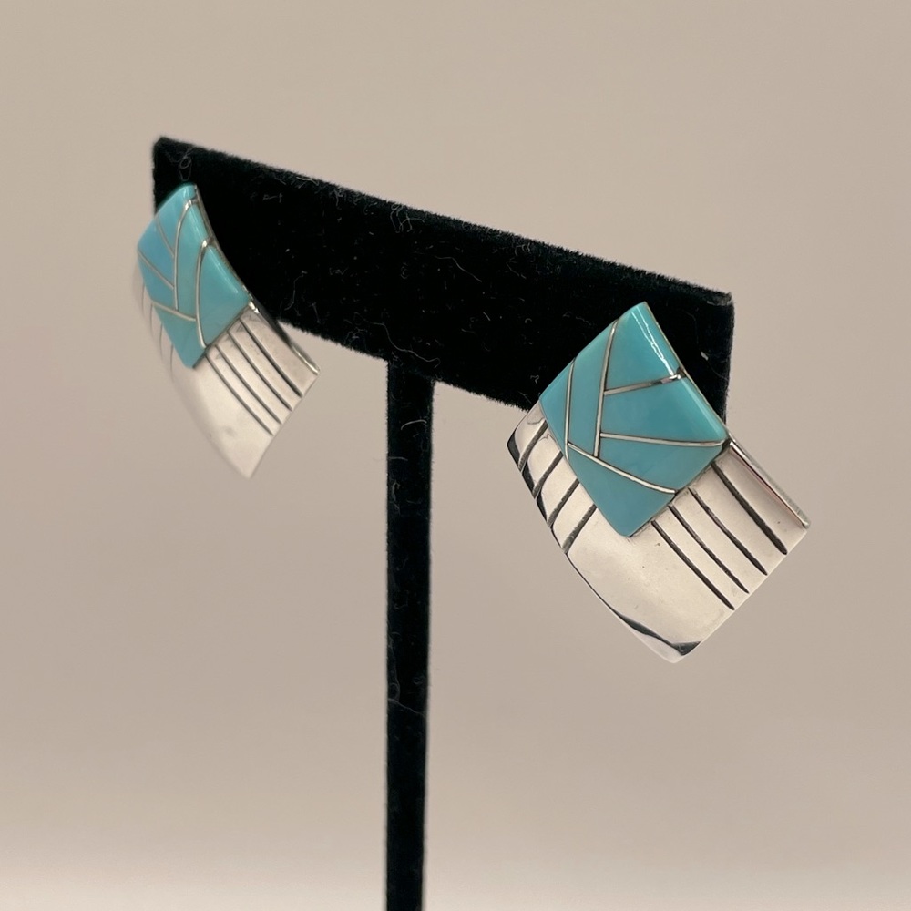 VINTAGE Navajo Sterling Silver Turquoise Inlay Shield Earrings - Picture 3 of 11
